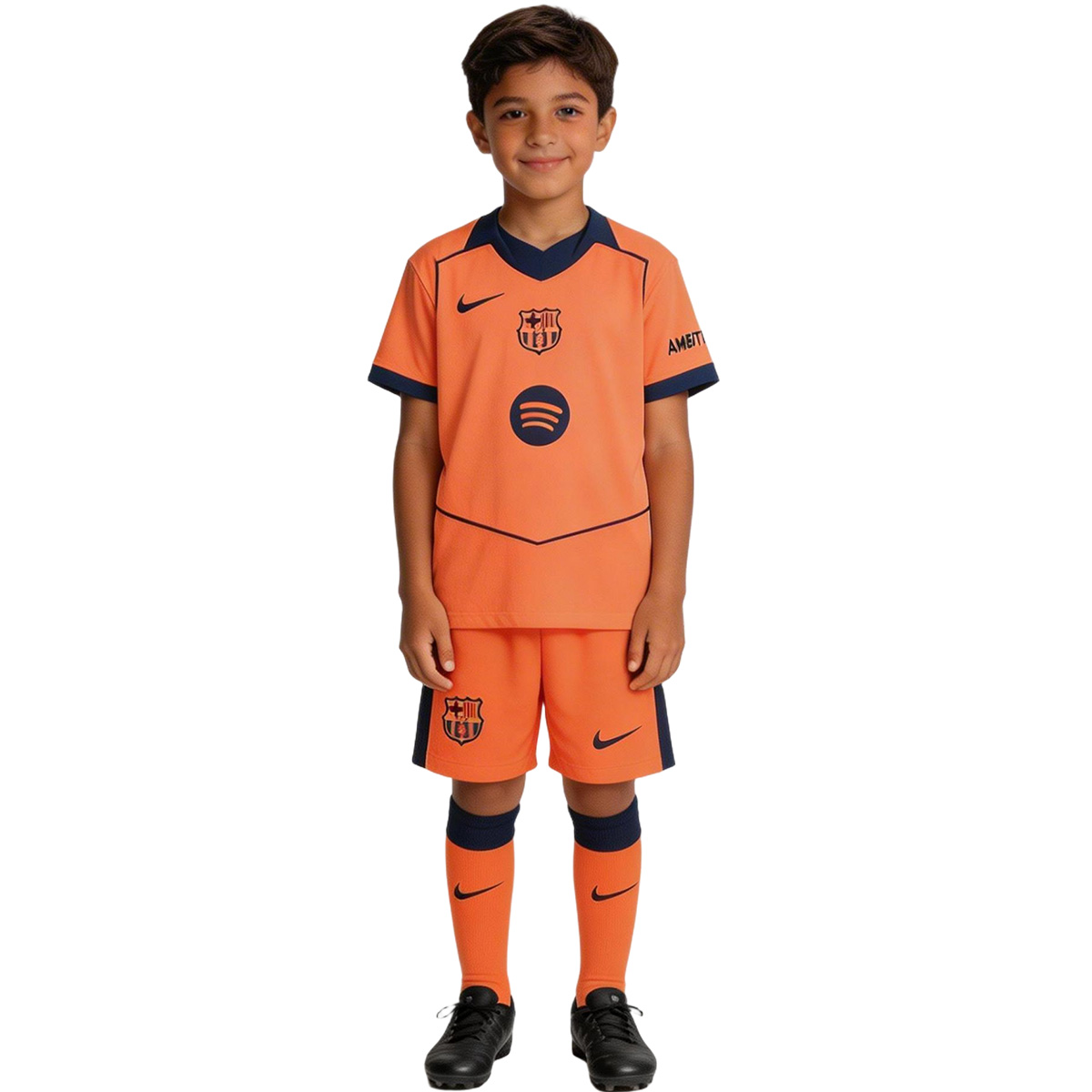 Kid's Barcelona Third Away Soccer Jersey Kit(Jersey+Shorts+Socks) 25/26 Orange