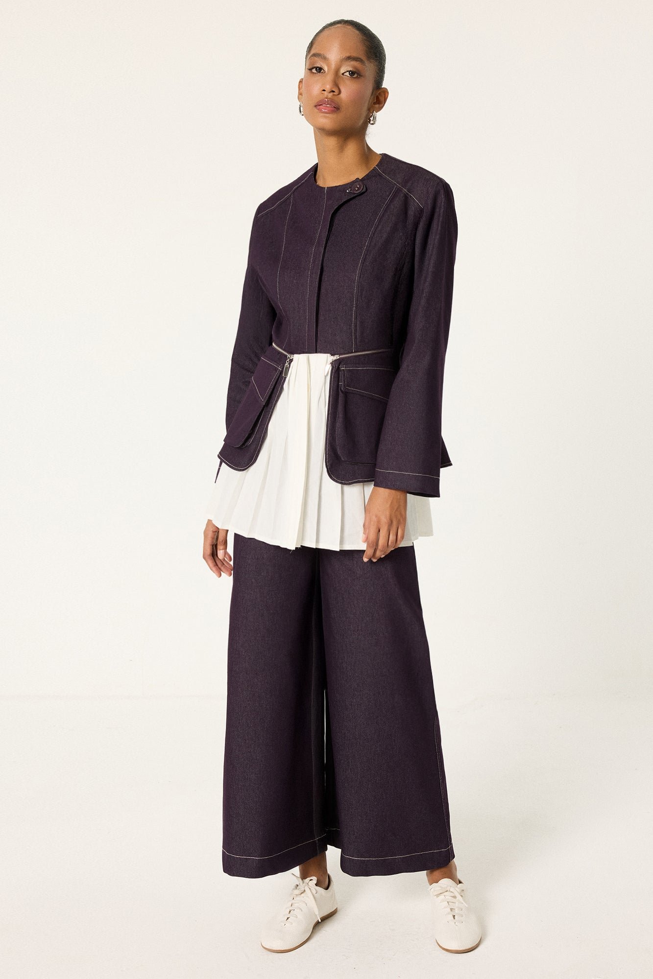 DENIM PLEATED DETAIL JACKET & PANTS SET