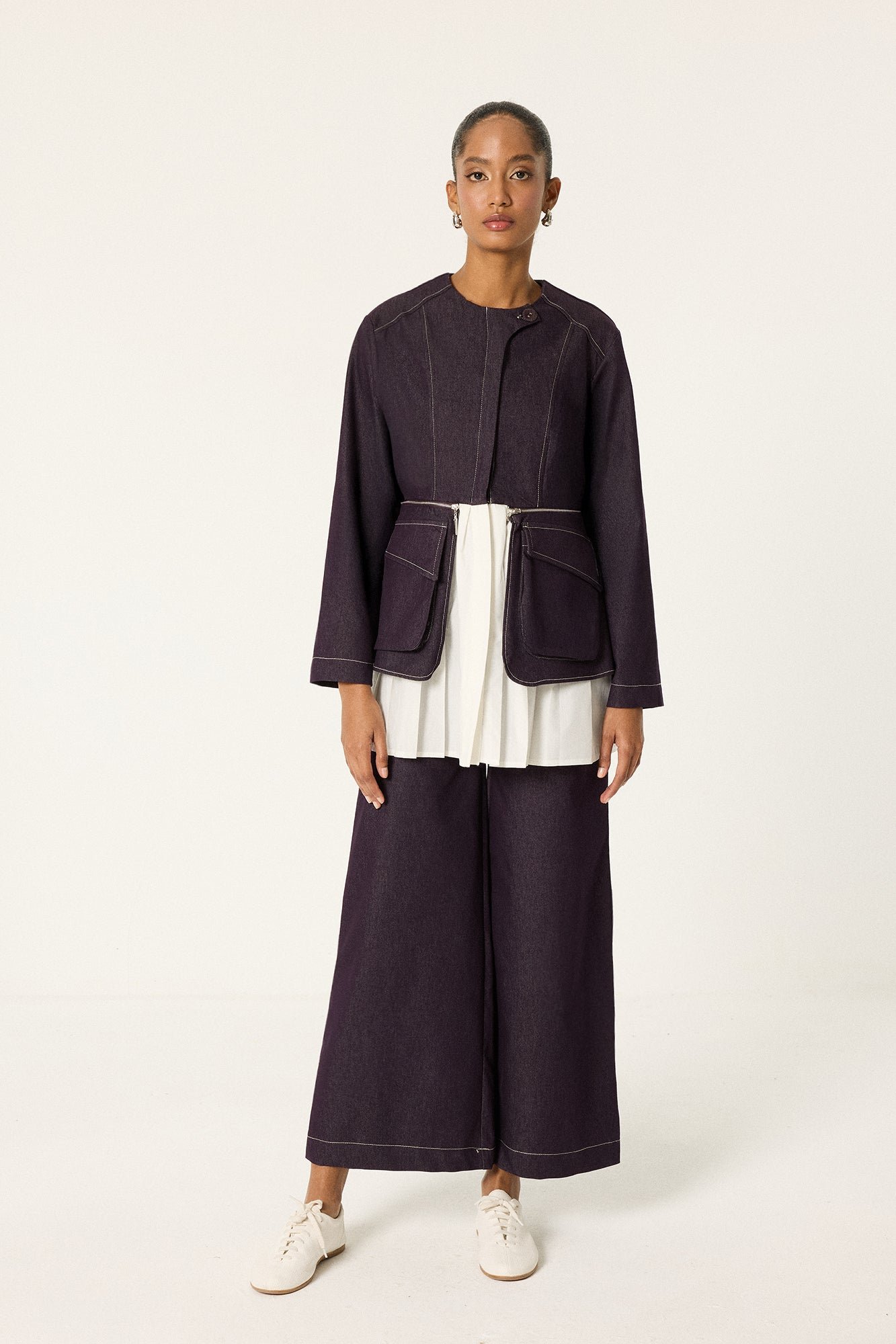 DENIM PLEATED DETAIL JACKET & PANTS SET