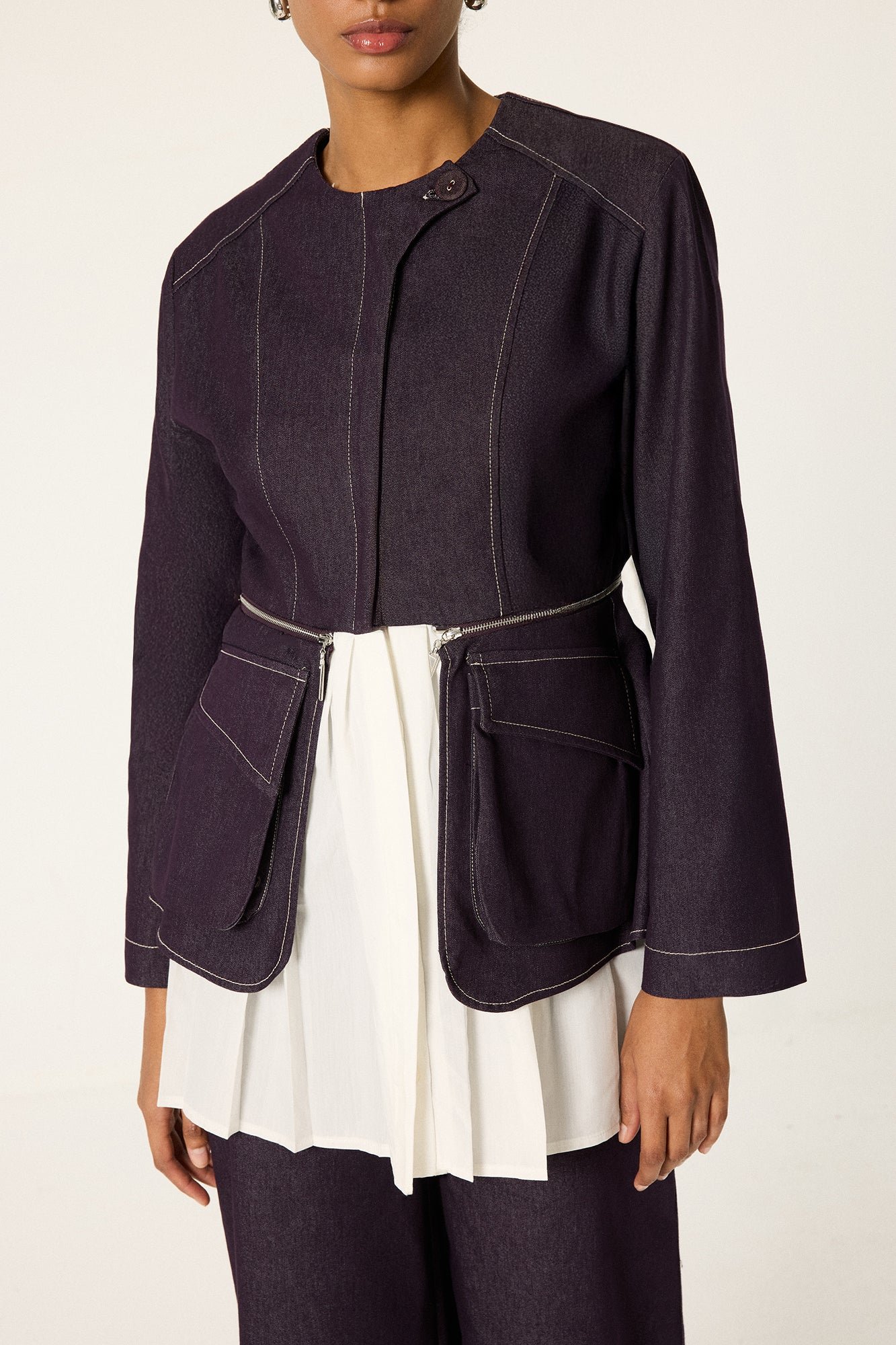 DENIM PLEATED DETAIL JACKET & PANTS SET
