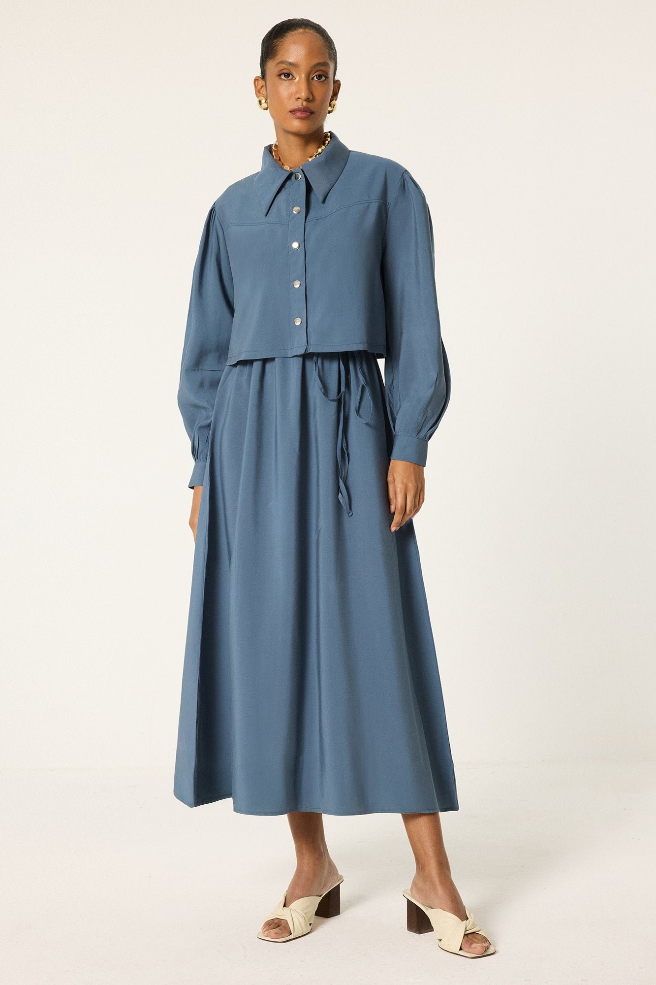 DRESS WITH CROPPED JACKET AND GATHERED WAIST