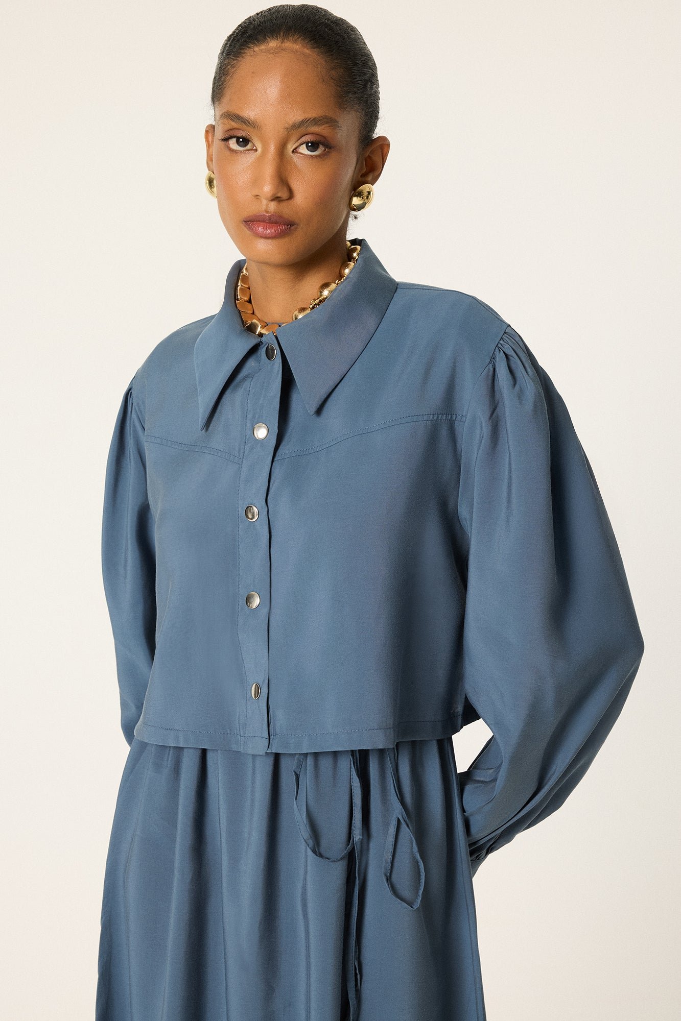 DRESS WITH CROPPED JACKET AND GATHERED WAIST