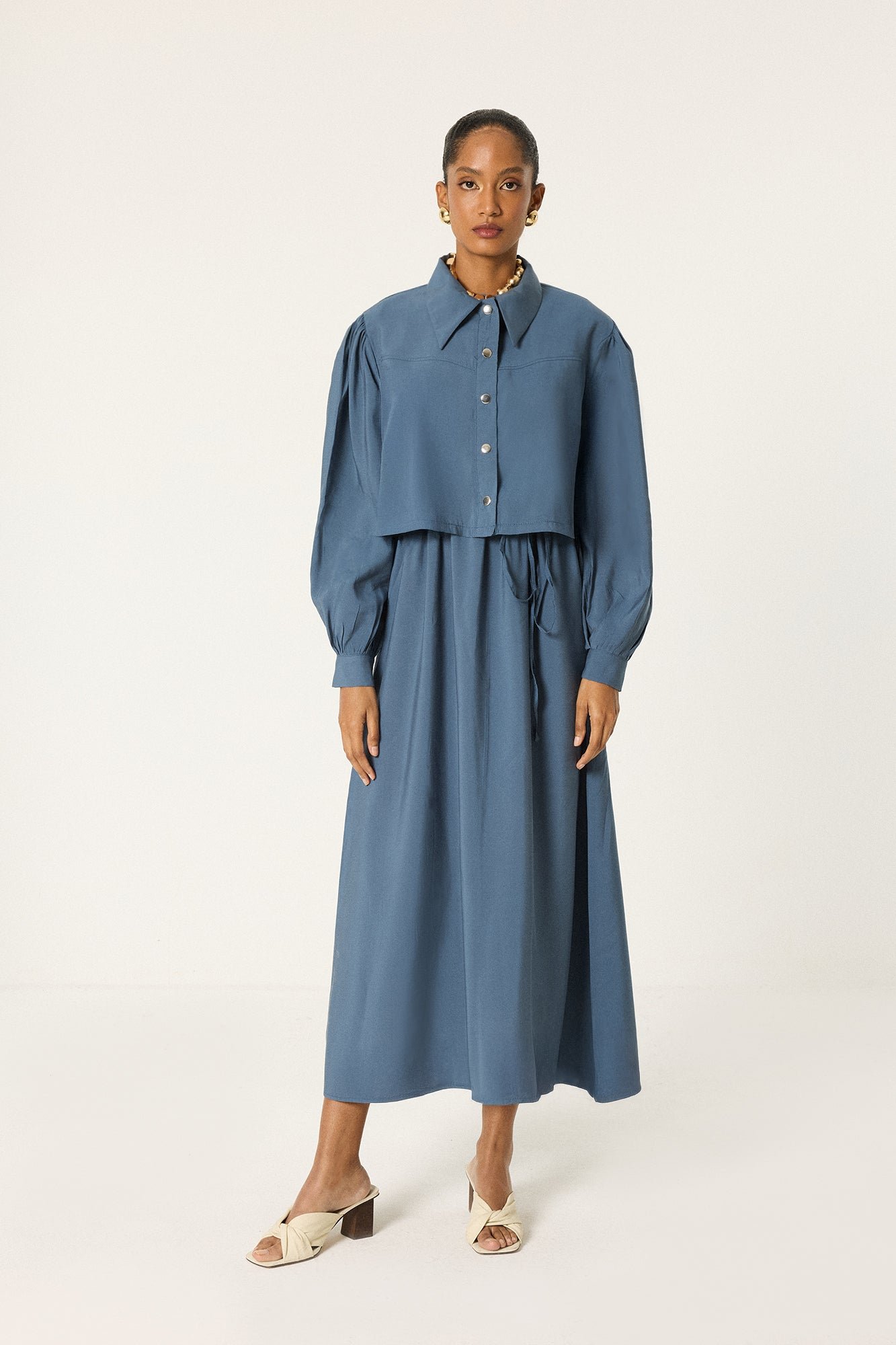 DRESS WITH CROPPED JACKET AND GATHERED WAIST