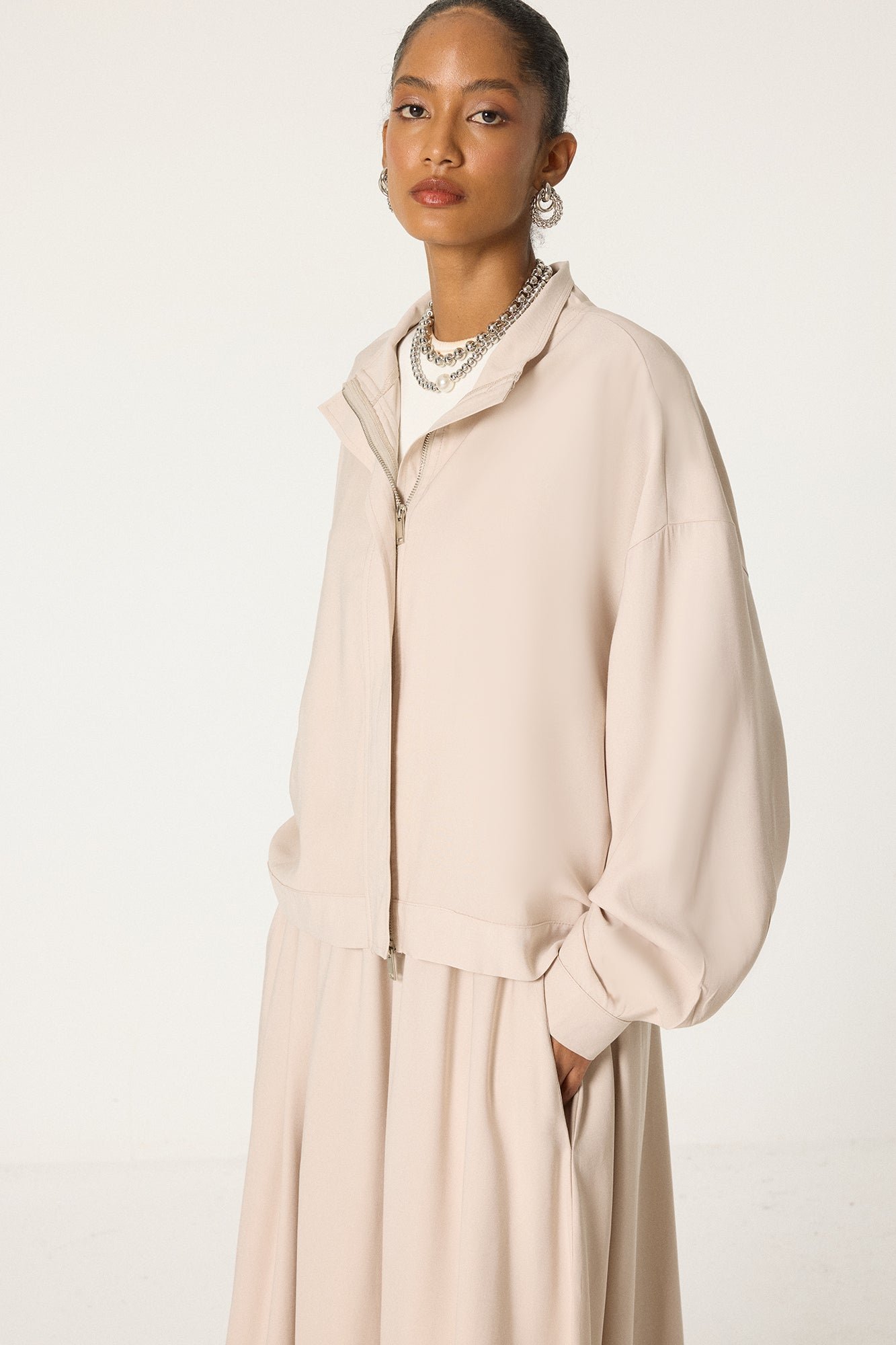 DRAPED CUPRA JACKET AND SKİRT SET