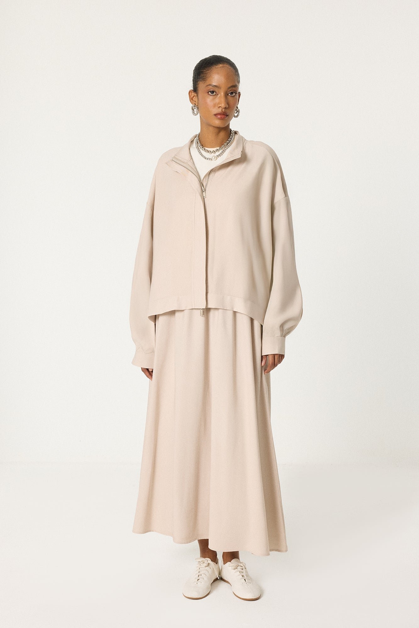 DRAPED CUPRA JACKET AND SKİRT SET