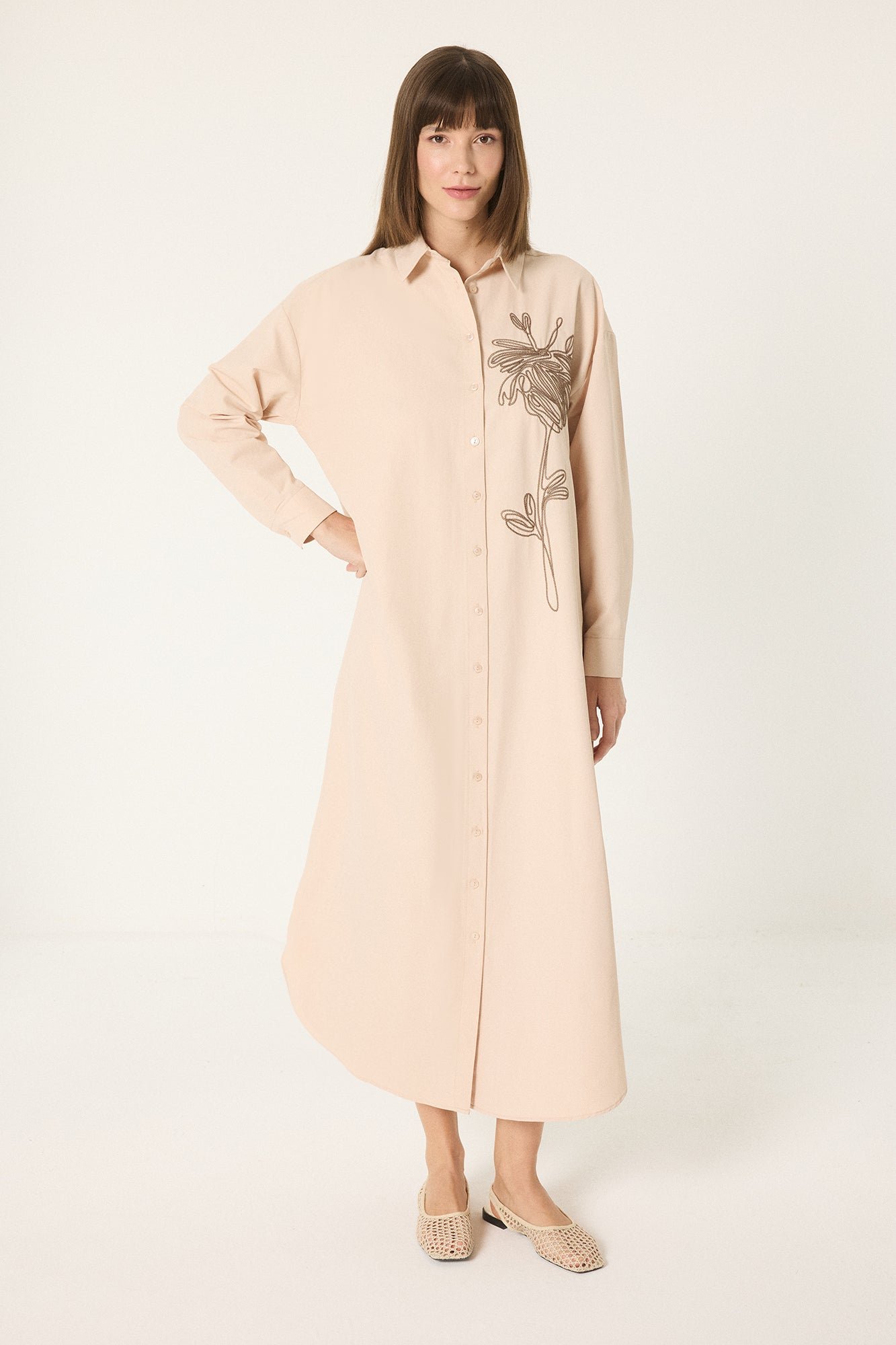 NATURAL TEXTURED EMBROIDERED DRESS