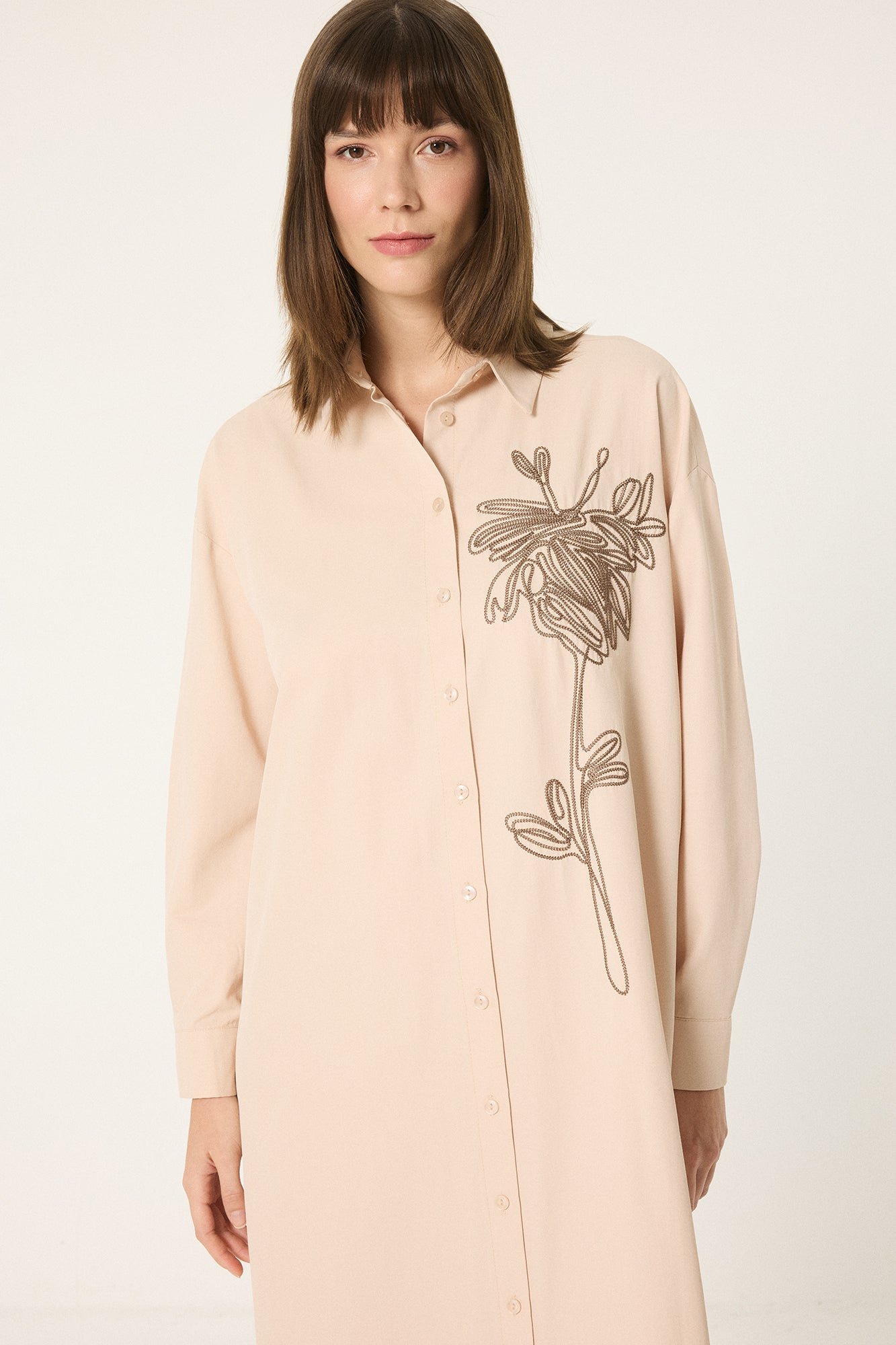 NATURAL TEXTURED EMBROIDERED DRESS